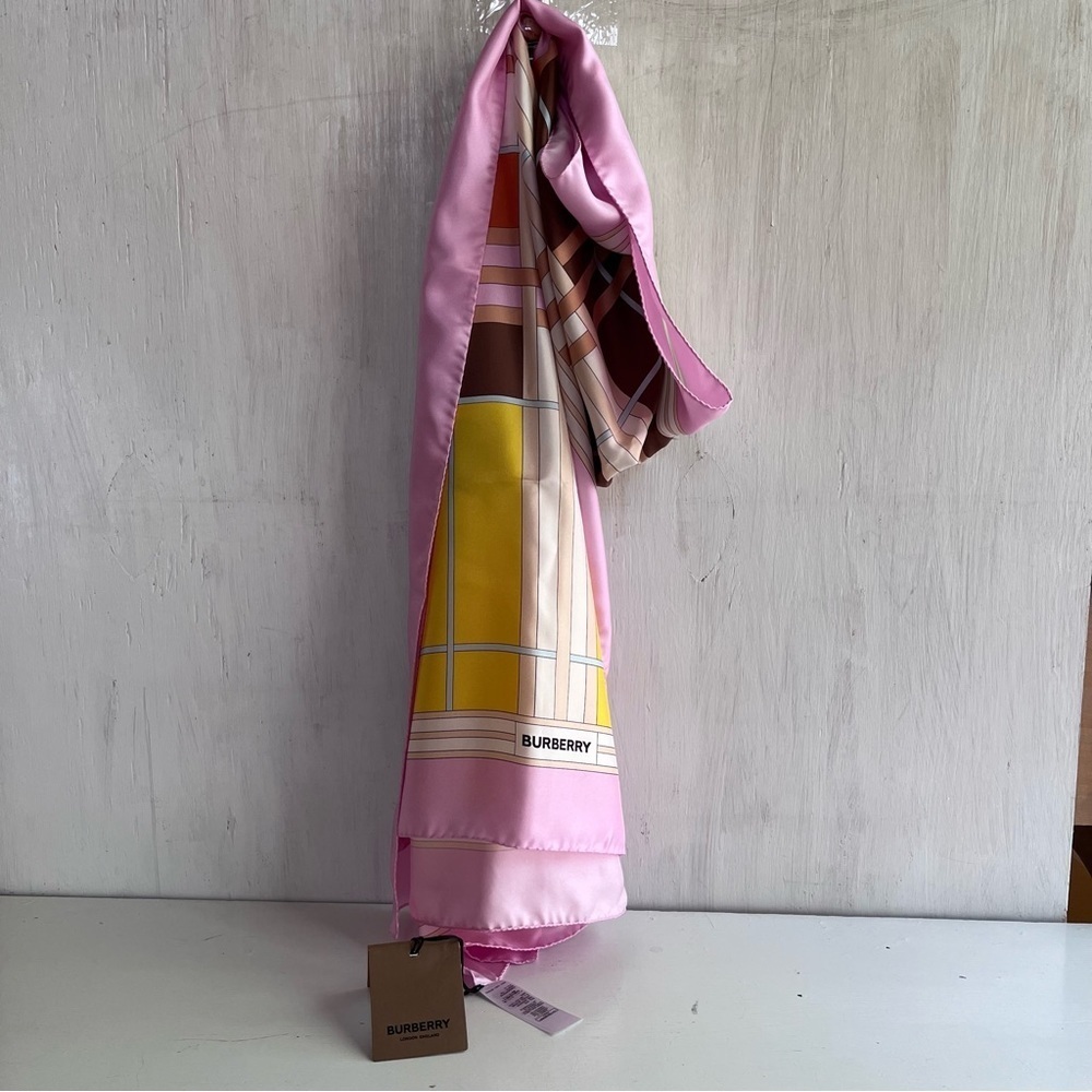 BURBERRY- Abstract Check Print Silk Scarf - Picture 7 of 9